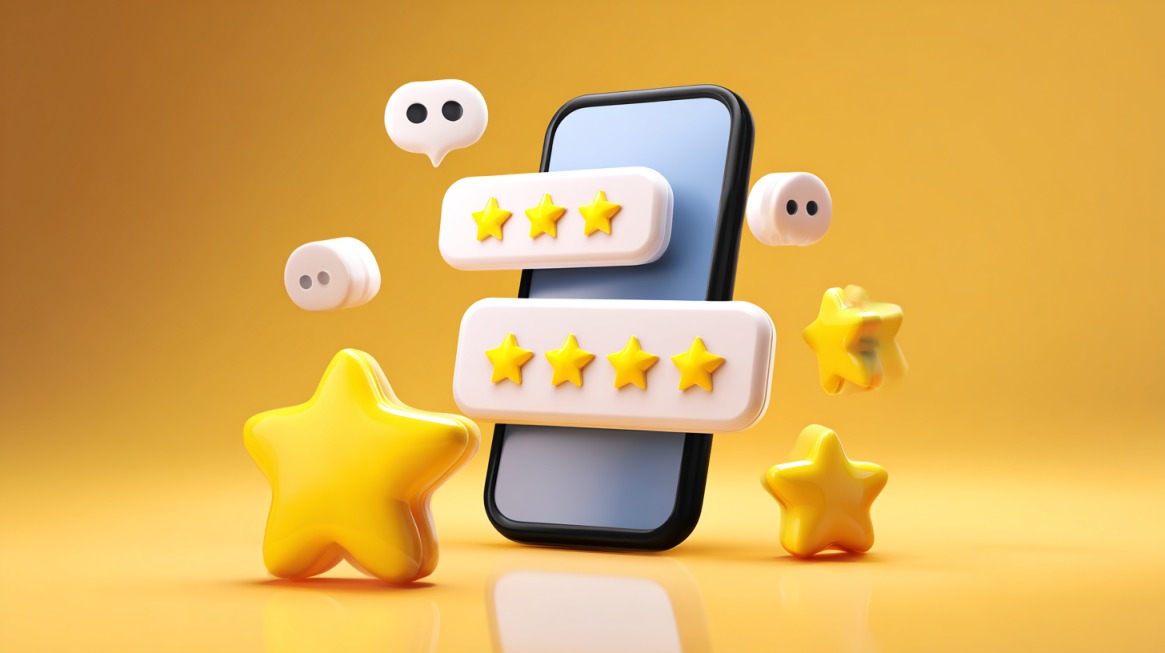 3D illustration of a smartphone surrounded by floating stars and review ratings, representing online reviews and app store ratings