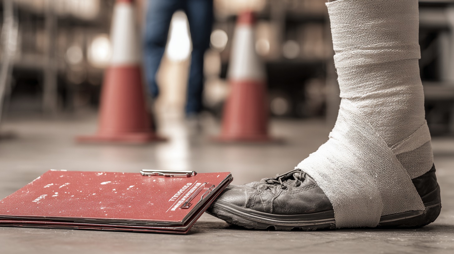 A close-up of a worker's foot wrapped in a bandage, wearing a work boot, stepping on a red clipboard, with traffic cones and a blurred figure in the background