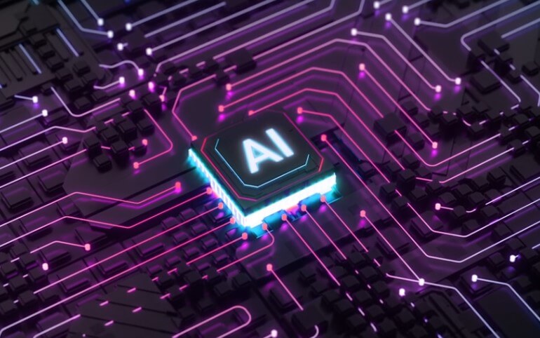 AI chip on a circuit board illuminated by vibrant neon lights