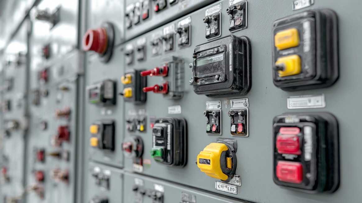 A detailed view of an industrial control panel with various switches, buttons, and dials, including a prominent yellow switch and red emergency stop button