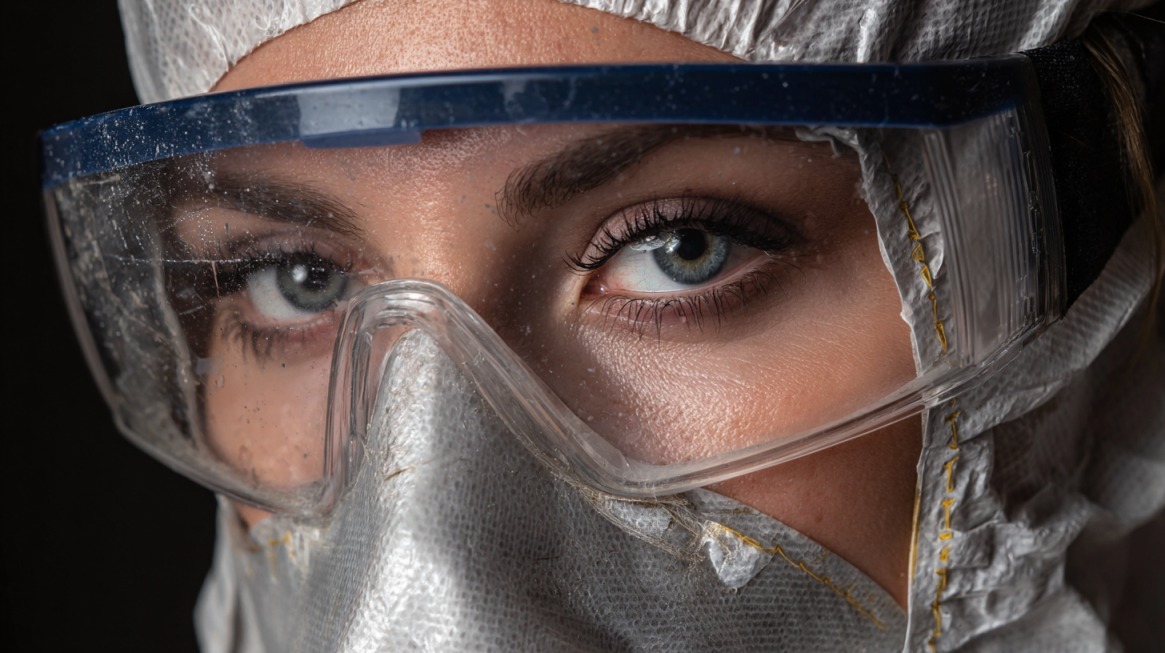 Close-up of a person in safety goggles and protective mask, dressed in silver protective clothing
