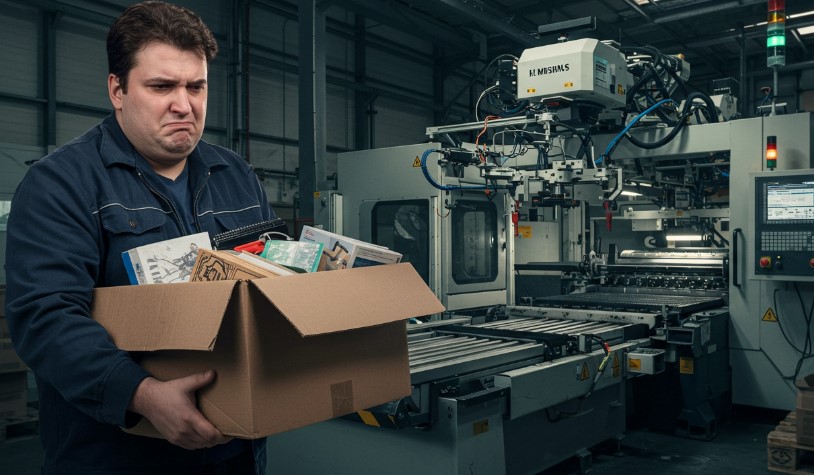 A man stands holding a box in front of a large industrial machine