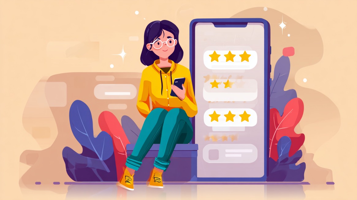 Illustration of a woman holding a smartphone, sitting next to a large phone screen displaying multiple star ratings