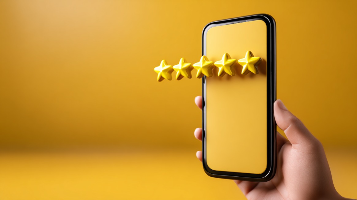 Hand holding a smartphone with five yellow stars displayed across the screen, symbolizing app ratings and reviews