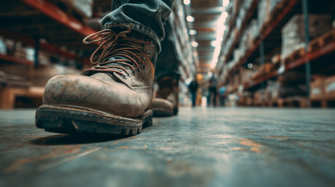 A close-up of a worn work boot with laces, worn by a worker in jeans, walking through a warehouse with shelves and boxes in the background