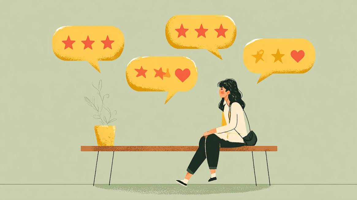 Illustration of a woman sitting on a bench surrounded by different star rating speech bubbles