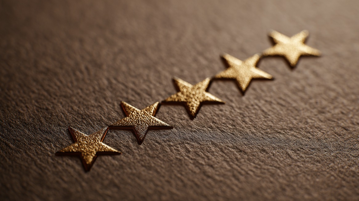Close-up of five golden stars embossed on a textured brown surface, symbolizing ratings and reviews