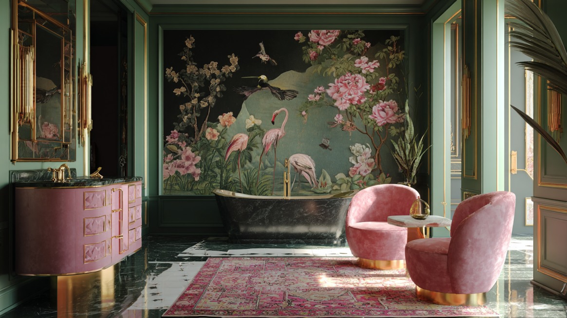 Luxurious bathroom with green and pink tones, floral wall mural, marble bathtub, and plush velvet chairs with gold accents