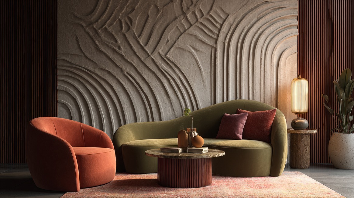 Modern living room with curved green sofa, rust-colored chair, and textured wave-patterned wall