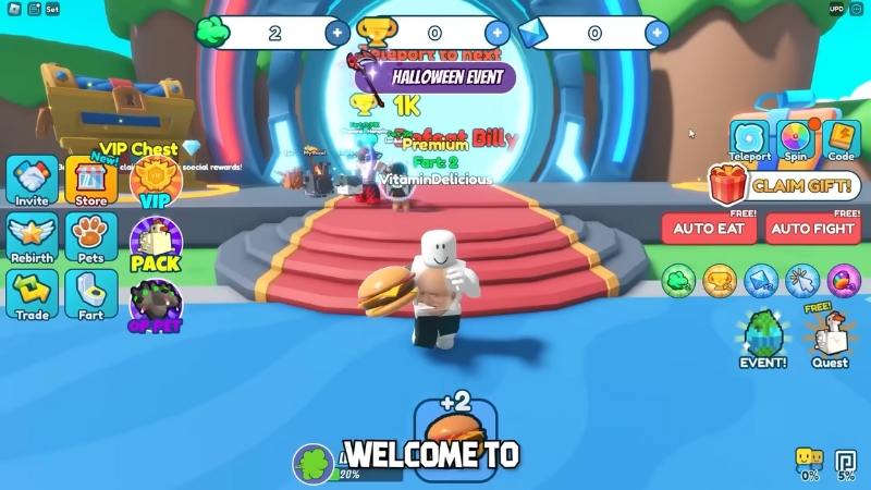 A Roblox character holds a burger in a colorful lobby with event icons and menus on screen