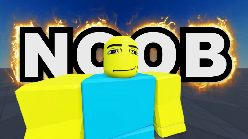 A Roblox noob character stands in front of large flaming text that says NOOB