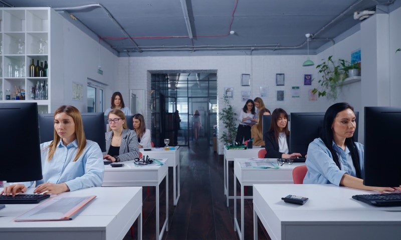 A group of women collaborating at computers in a modern office setting