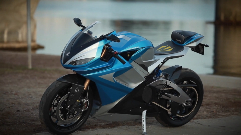 Lightning LS-218 electric superbike parked near the water