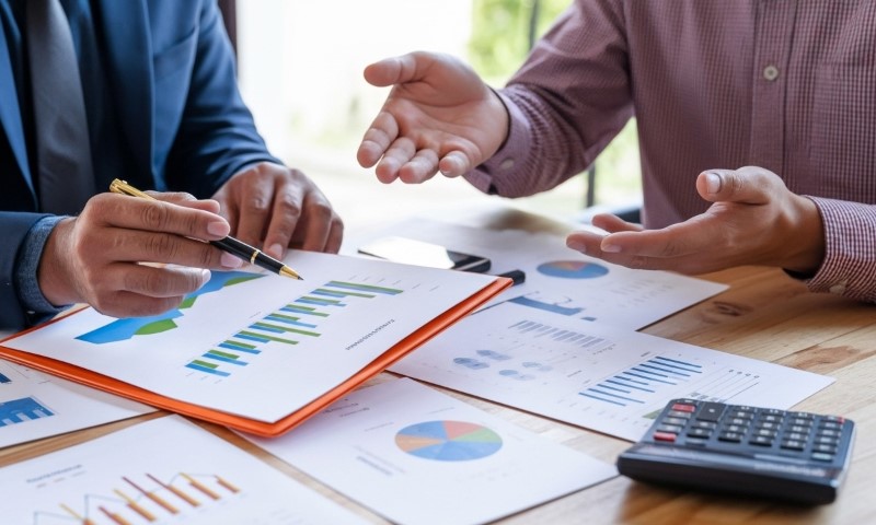 Two business professionals engaged in a discussion about financial data