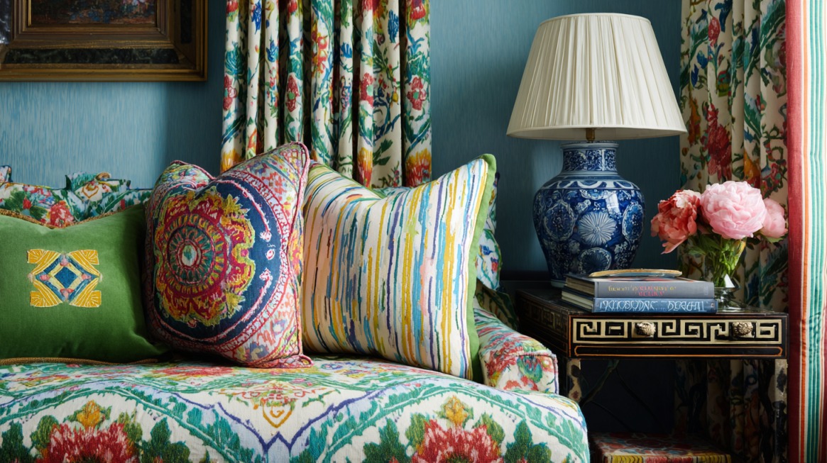 Colorful living room with patterned fabrics, vibrant pillows, floral curtains, and a blue ceramic lamp on a black and gold side table