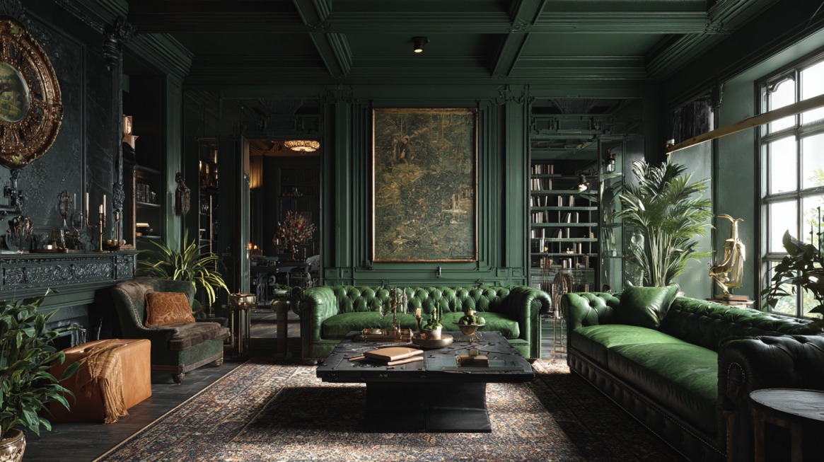 Dark green living room with tufted velvet sofas, ornate wall paneling, vintage artwork, and a rich patterned rug