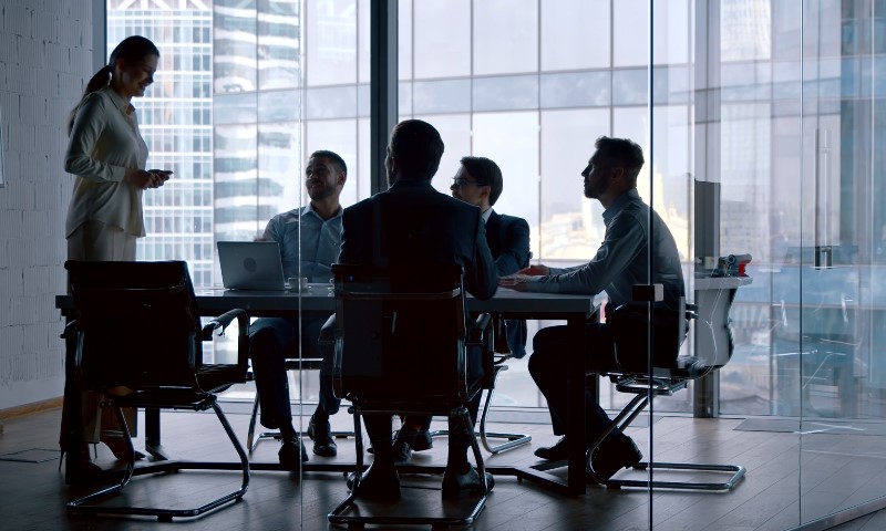 Business professionals engaged in discussion around a conference table in a meeting room