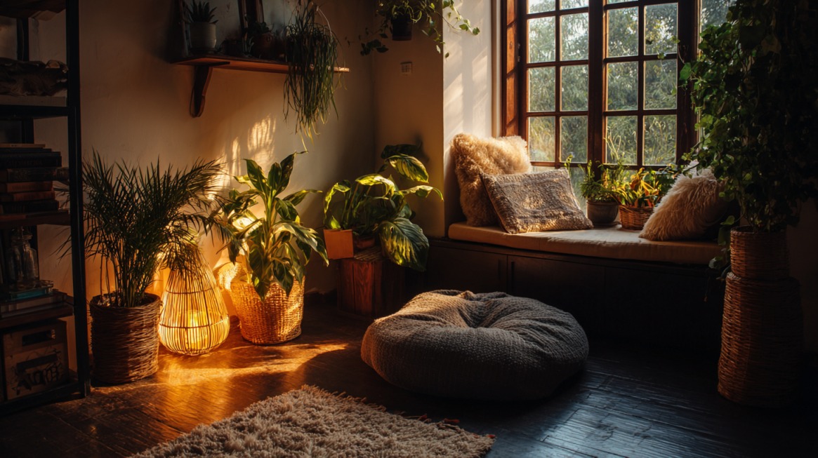 Cozy sunlit nook with indoor plants, soft cushions, and warm earthy tones creating a peaceful atmosphere
