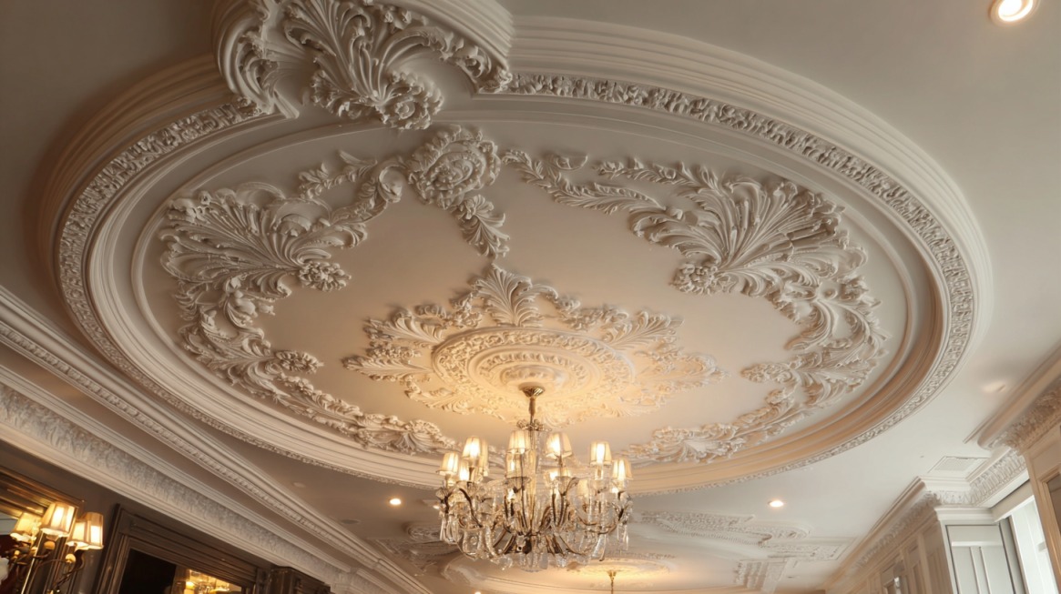 Elegant ceiling with intricate plasterwork and a chandelier, showcasing luxurious interior design details