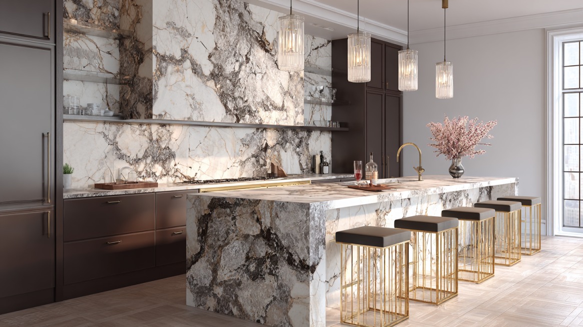 Luxurious kitchen with marble countertops and backsplash, gold barstools, and pendant lights above a large island