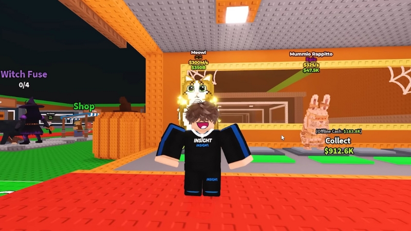 A Roblox player stands in an orange area with glowing pets and cash icons