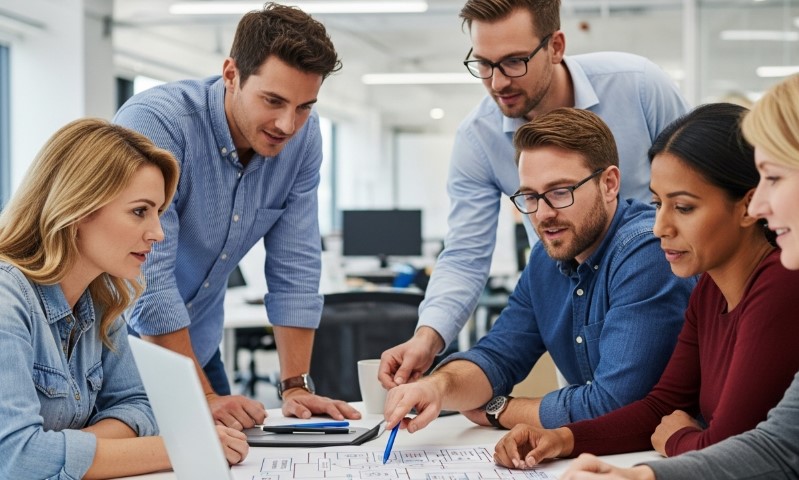 A diverse group of people collaborating on a project