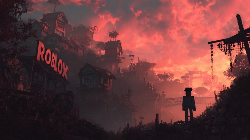 A dramatic Roblox town sits under a red sky with the Roblox logo glowing on a building