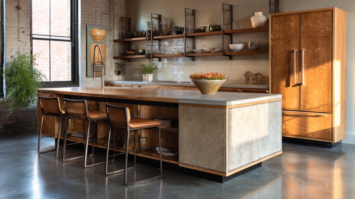Modern rustic kitchen with mixed wood finishes, open shelving, and a central island featuring a stone countertop