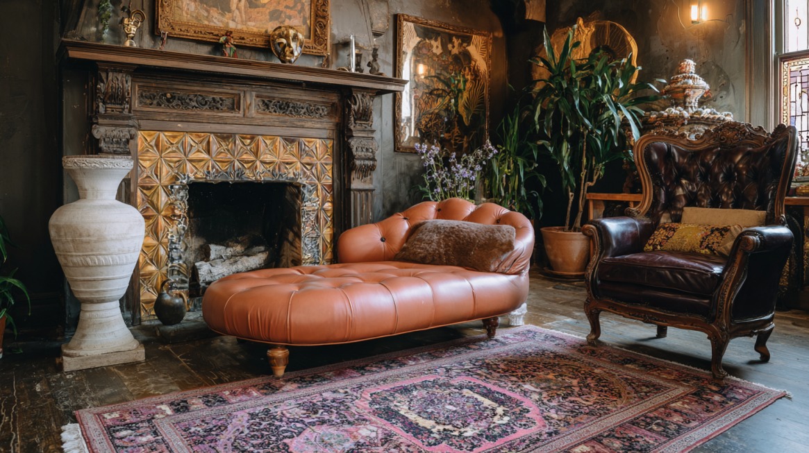 Vintage-inspired living room with ornate fireplace, tufted leather chaise lounge, antique armchair, and decorative art pieces