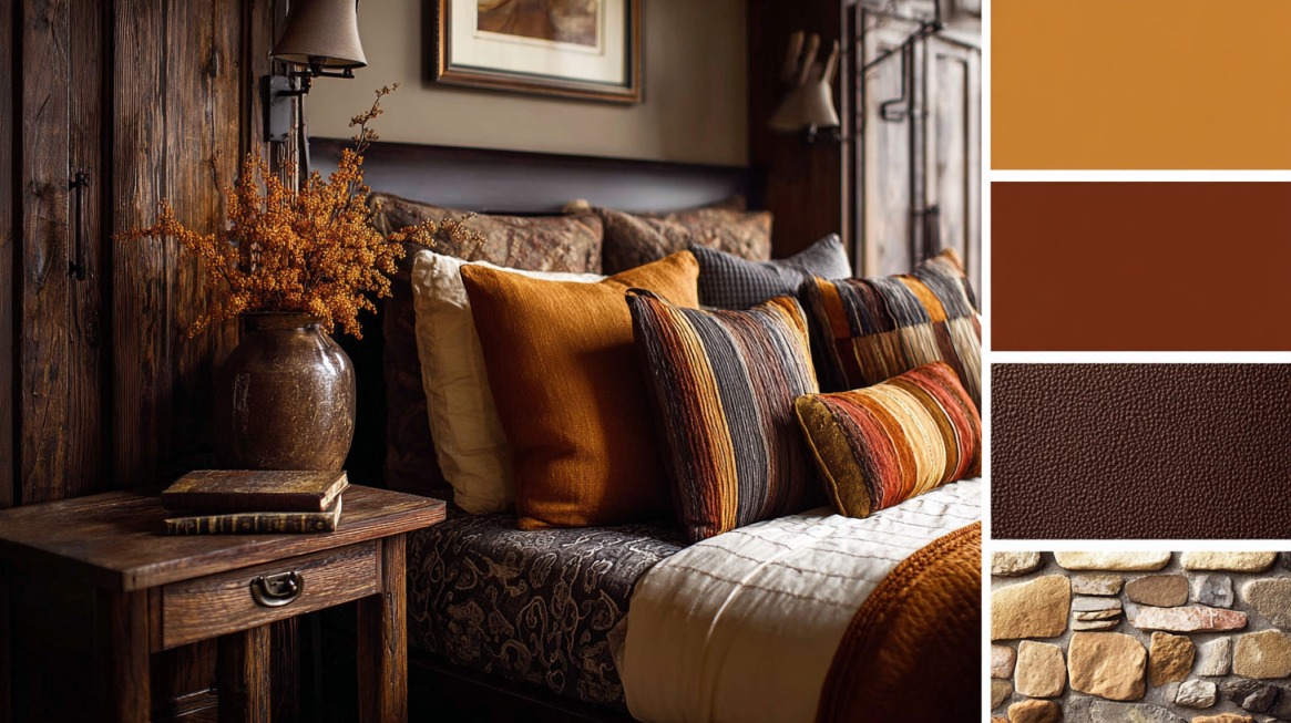 Bedroom with rustic wooden walls, cozy bedding in warm orange and brown tones, and a color palette featuring earth-inspired hues