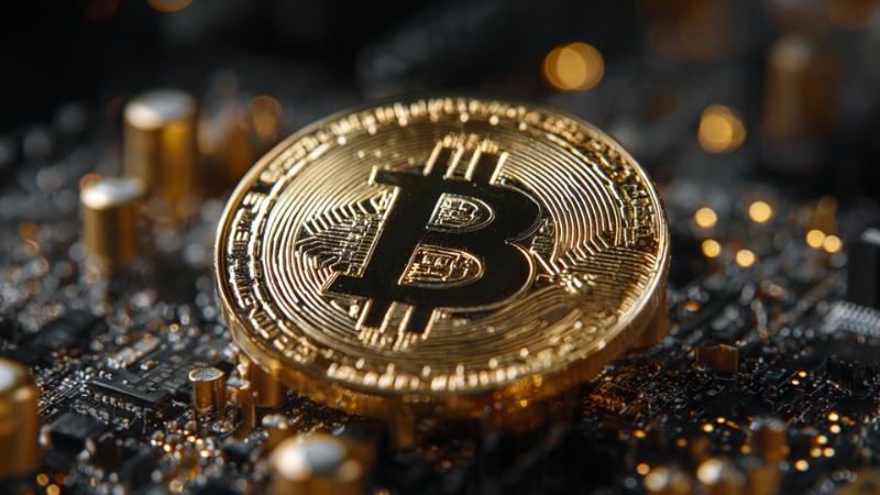 A close-up of a gold Bitcoin coin resting on a computer motherboard with electronic components visible around it