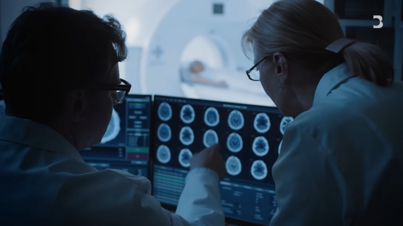 Doctors review detailed brain scan results on monitors as a patient undergoes an MRI