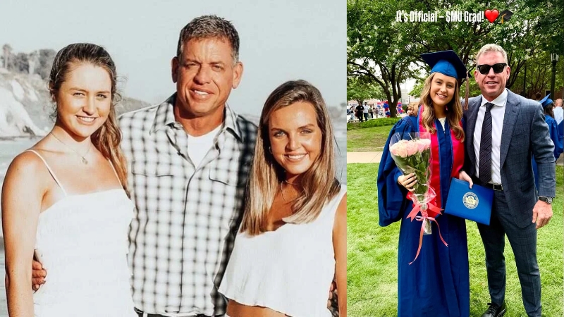 Alexa Marie Aikman poses with her father Troy Aikman during her SMU business graduation celebration