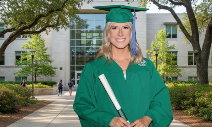 A woman named Alivia Callaghan in a green graduation gown proudly holds her diploma