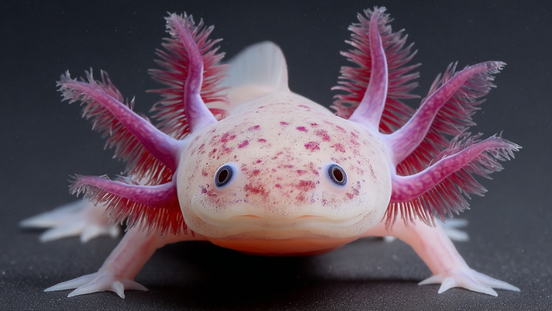 An axolotl with bright feathery gills faces the camera in a close-up view
