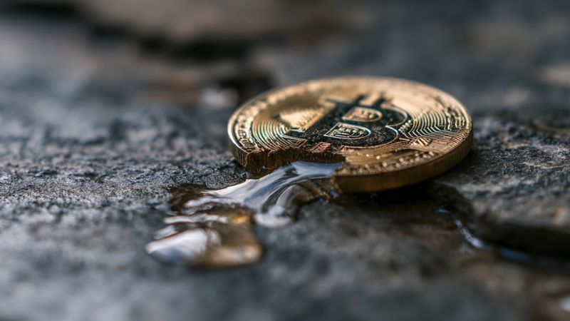 A gold Bitcoin coin lies on a wet, cracked surface with water dripping around it