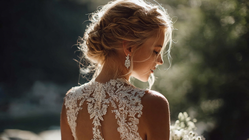 A bride stands outdoors wearing a lace wedding dress with intricate embellishments and soft light highlighting the detailed back