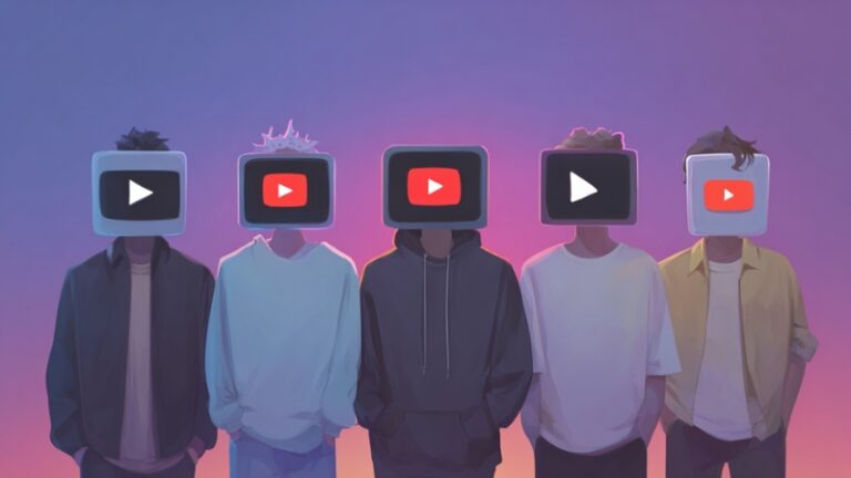 Five faceless YouTube creators stand together, representing faceless YouTube channels