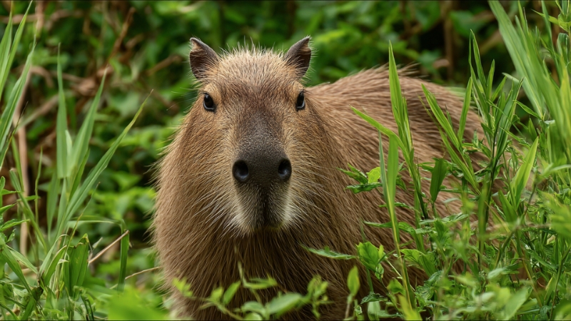 A capybara stands in tall green grass