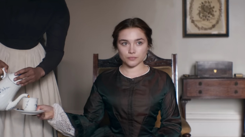 Florence Pugh appears as Katherine in a scene from Lady Macbeth, seated as tea is served