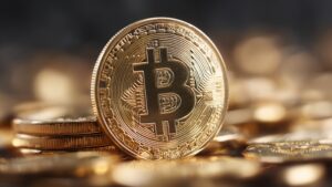 A close-up photo of a physical Bitcoin coin standing among blurred stacked coins in the background