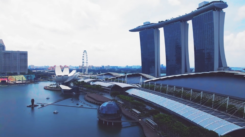 A wide view of Marina Bay Sands in Singapore with its three towers, SkyPark, waterfront, and nearby attractions