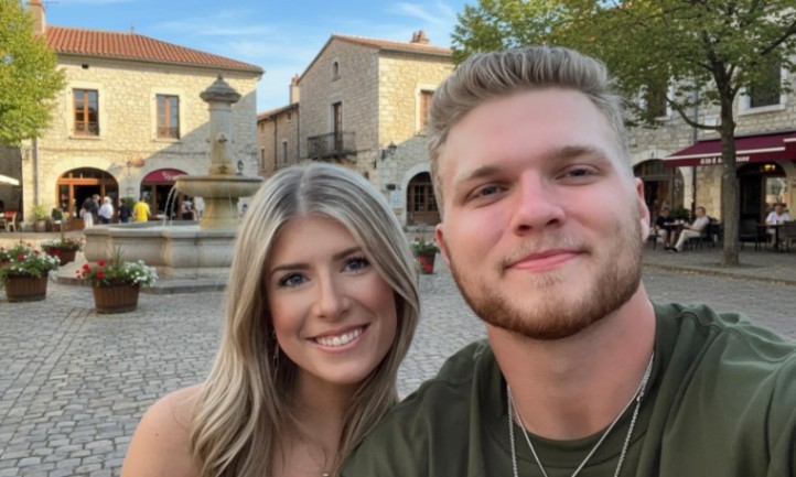 Alivia Callaghan and Aidan Hutchinson, smiling while taking a selfie in front of a decorative fountain