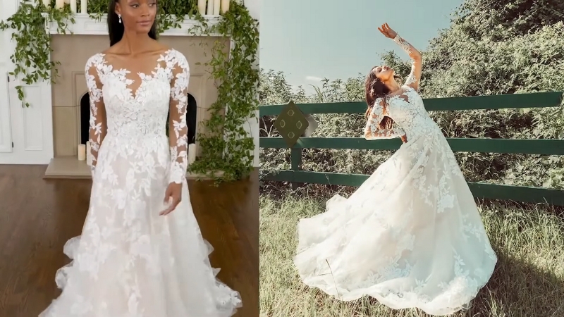 Two brides showcase lace wedding dresses with bold statement sleeves in elegant indoor and outdoor settings