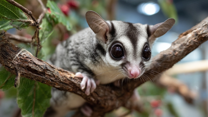 A sugar glider with wide eyes sits on a branch
