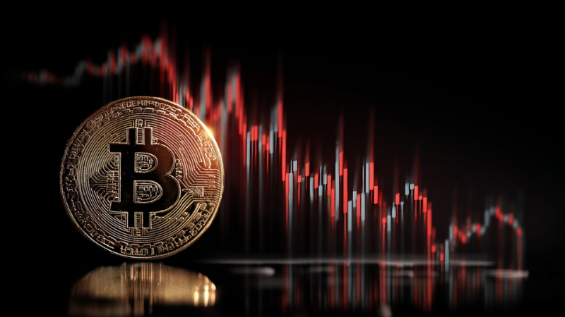 A gold Bitcoin coin stands in front of a red falling price chart on a dark reflective surface