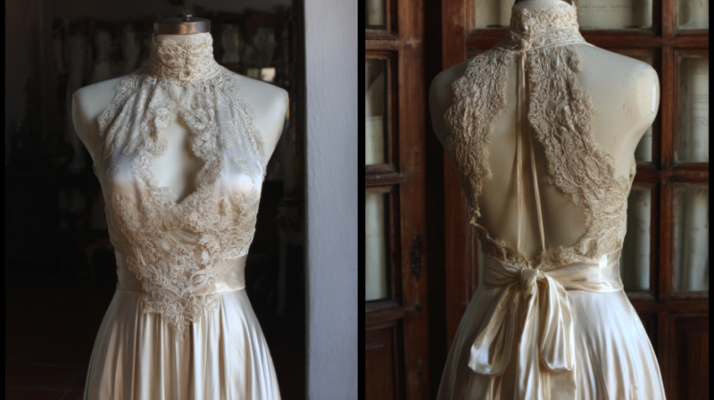 A vintage-style wedding dress features a high lace neckline with delicate detailing shown from the front and back
