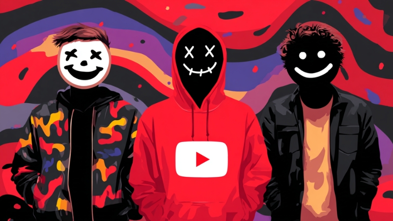 Three anonymous YouTube creators in stylized masks stand together, symbolizing modern faceless channels