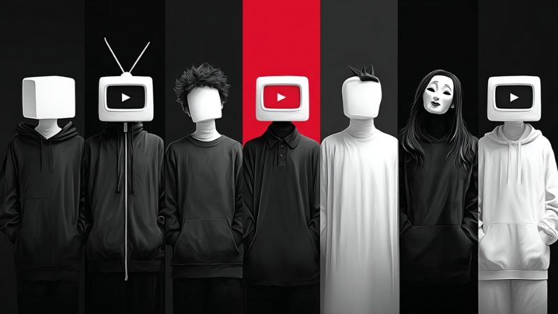 Group of faceless YouTube creators in dark outfits