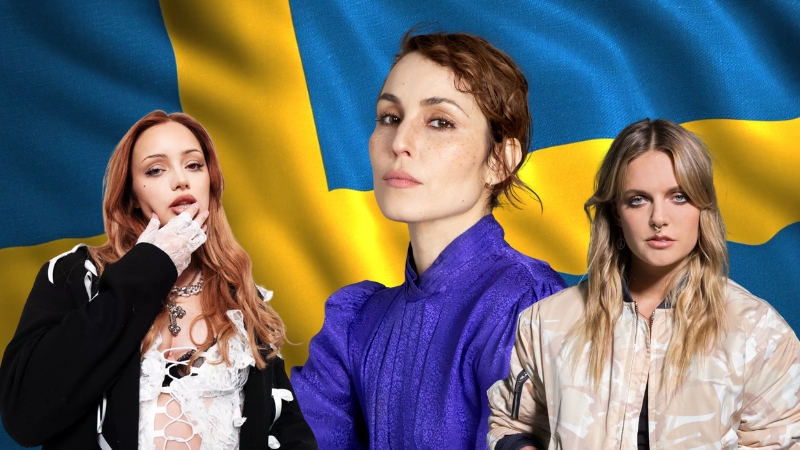 Three Swedish female stars stand in front of a Swedish flag